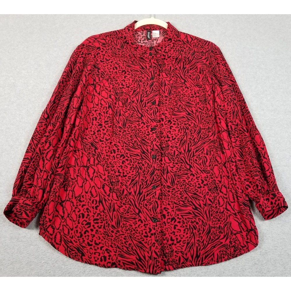 H&M Button Up Shirt Womens 12 Red Black Animal Print Leopard Funky Blouse Bold